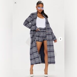 Stylish Plaid Long Coat and Shorts Set